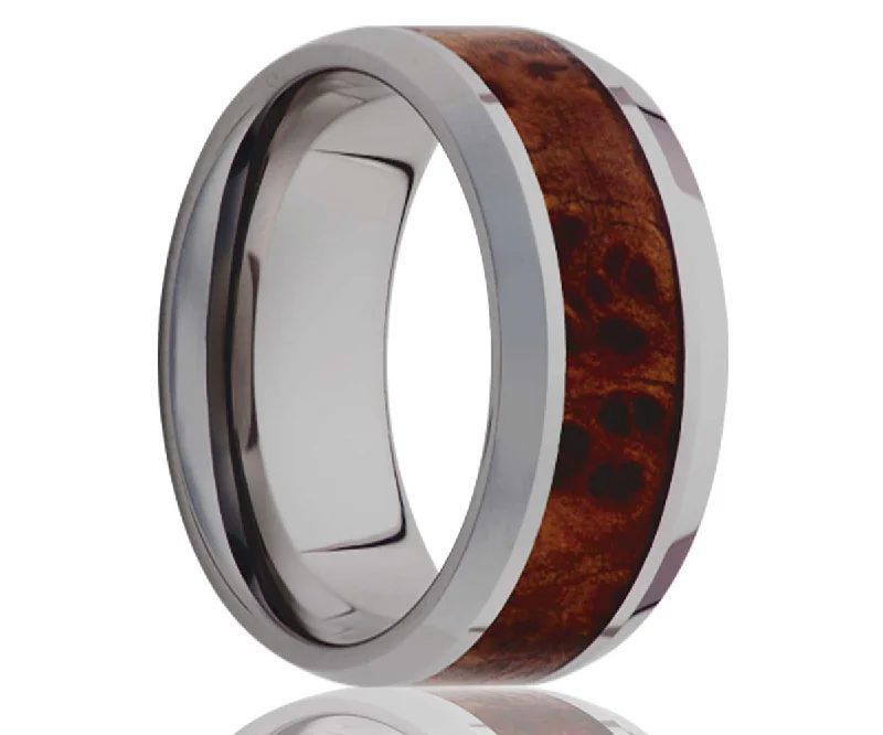 Women’s slim rings-Men's Beveled Edge Tungsten Ring Burl Wood Inlay