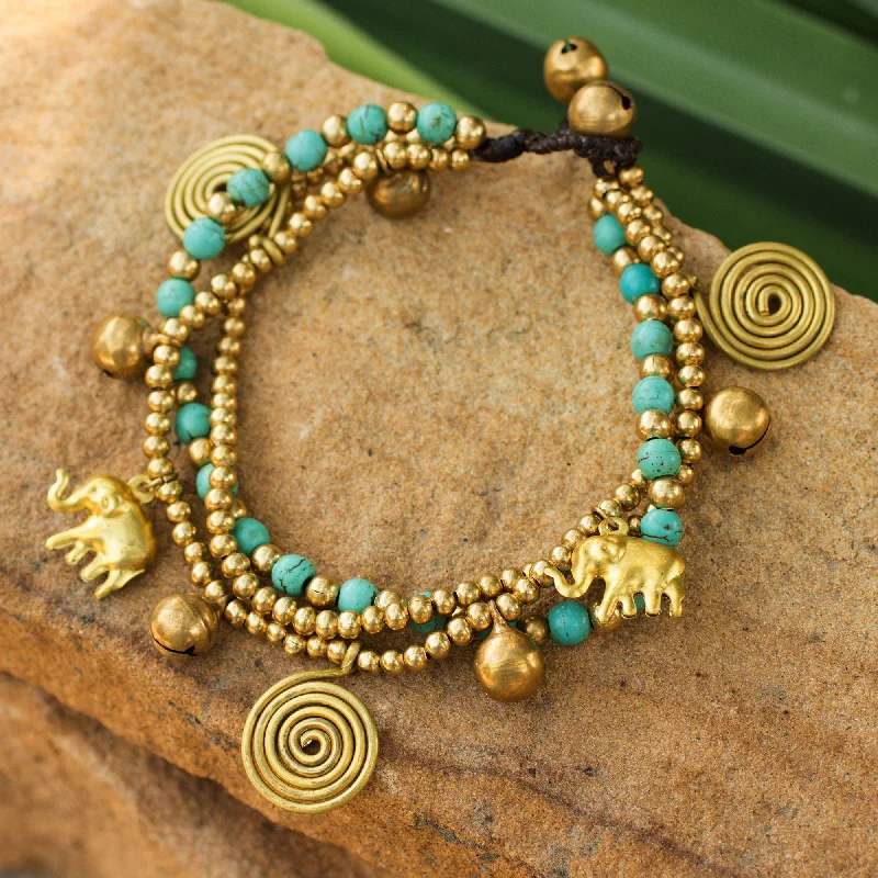 Women’s bohemian bangles-Blue Siam Elephants Hand Crafted Brass Charm Bracelet from Thailand