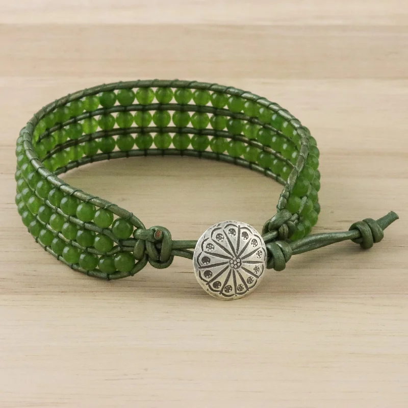 Women’s moonstone bracelets-Verdant Field Green Quartz and Karen Silver Button Wristband Bracelet