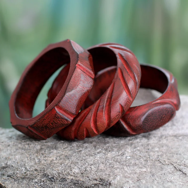 Women’s vintage bangles-Indian Romance Hand Carved Mango Wood Bangle Bracelets India (Set of 3)