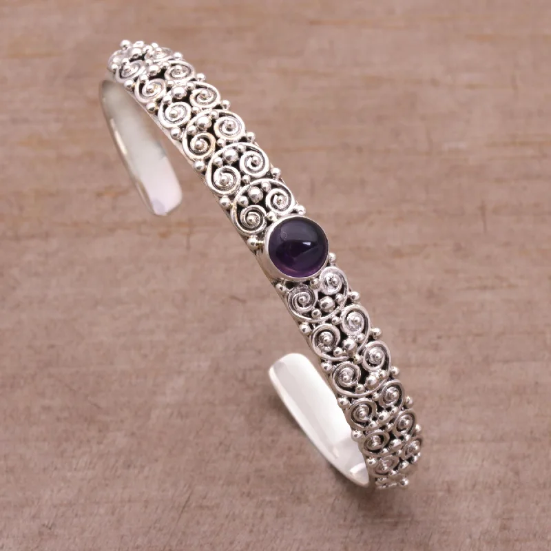 Women’s gold cuff bracelets-Swirling Feeling Amethyst and Sterling Silver Cuff Bracelet from Bali