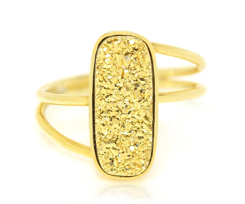 Women’s luxury diamond rings-Double Twist Rectangle 18K Gold Druzy Ring