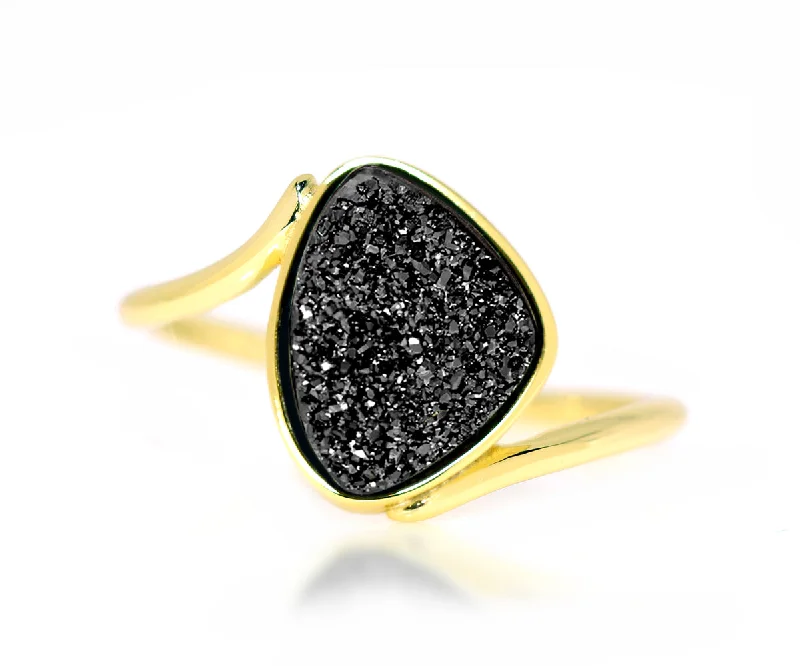 Women’s personalized rings-Bypass Trillion Black Druzy 14K Gold Ring