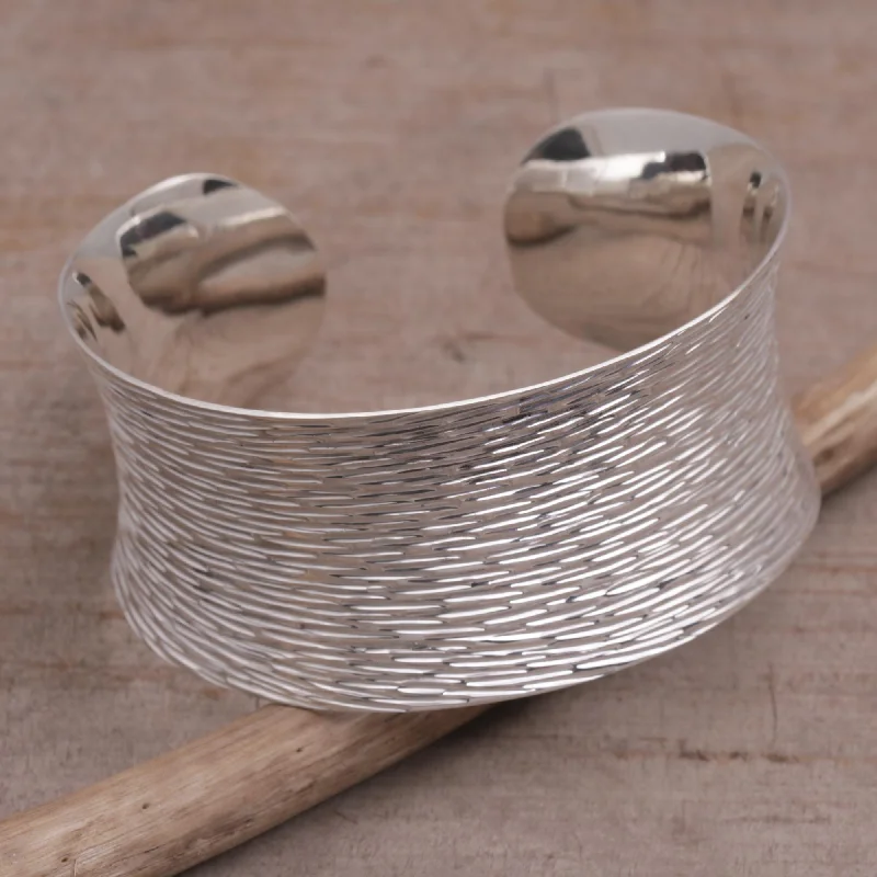 Women’s crystal bracelets-Rain Blanket Handcrafted Etched Sterling Silver Cuff Bracelet from Bali