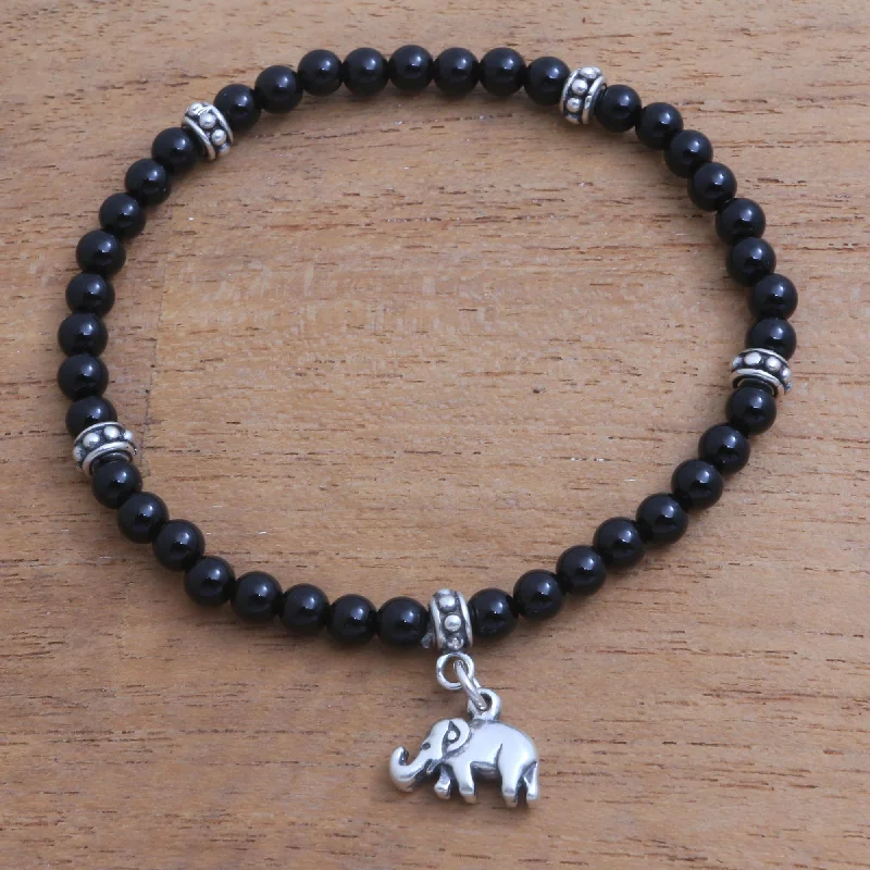 Women’s minimalist bangle bracelets-Elephant Dangle Onyx Elephant Beaded Stretch Bracelet from Bali