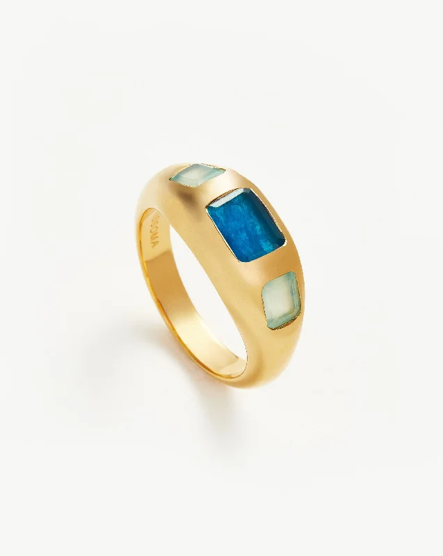 Women’s gold engagement rings-Good Vibes Triple Gemstone Statement Ring | 18ct Gold Plated/Petrol Blue Quartz & Aqua Chalcedony