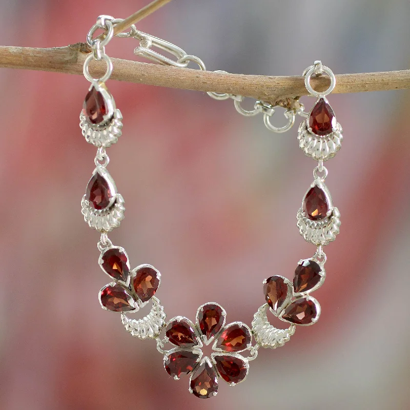 Women’s statement bracelets-Cherry Blossom Floral Sterling Silver and Garnet Bracelet