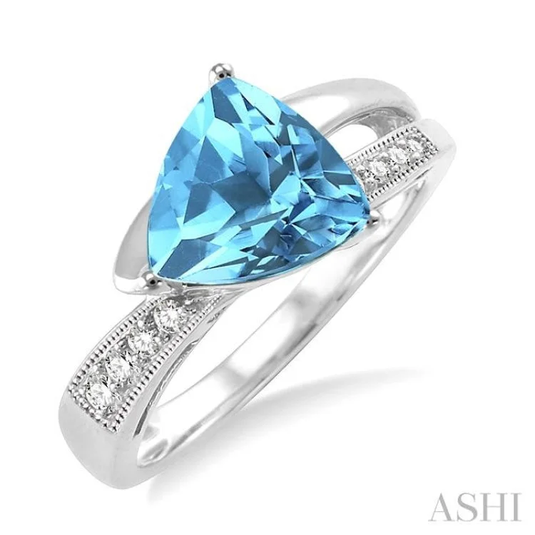 Women’s classic engagement rings-8X8mm Trillion Cut Blue Topaz and 1/20 Ctw Single Cut Diamond Ring in Sterling Silver