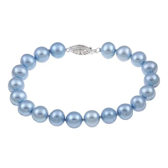 Women’s vintage bangles-DaVonna Sterling Silver 8-9 mm Blue Freshwater Pearl Classic Bracelet 7.25-inch