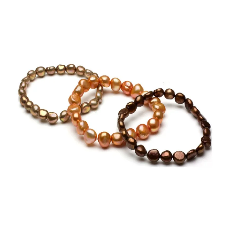 Women’s zodiac bracelets-DaVonna Brown Orange and Bronze Pearl 3-pair Stretch Bracelet (8-9 mm)