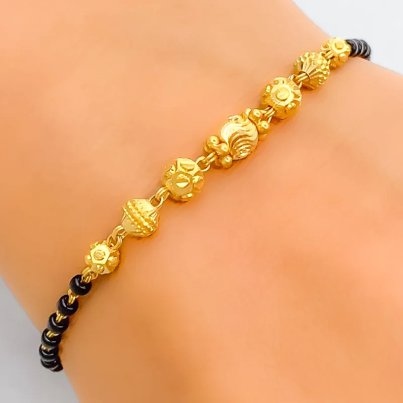 Women’s stackable bracelets-Versatile Wavy orb 22k Gold Black Bead Bracelet