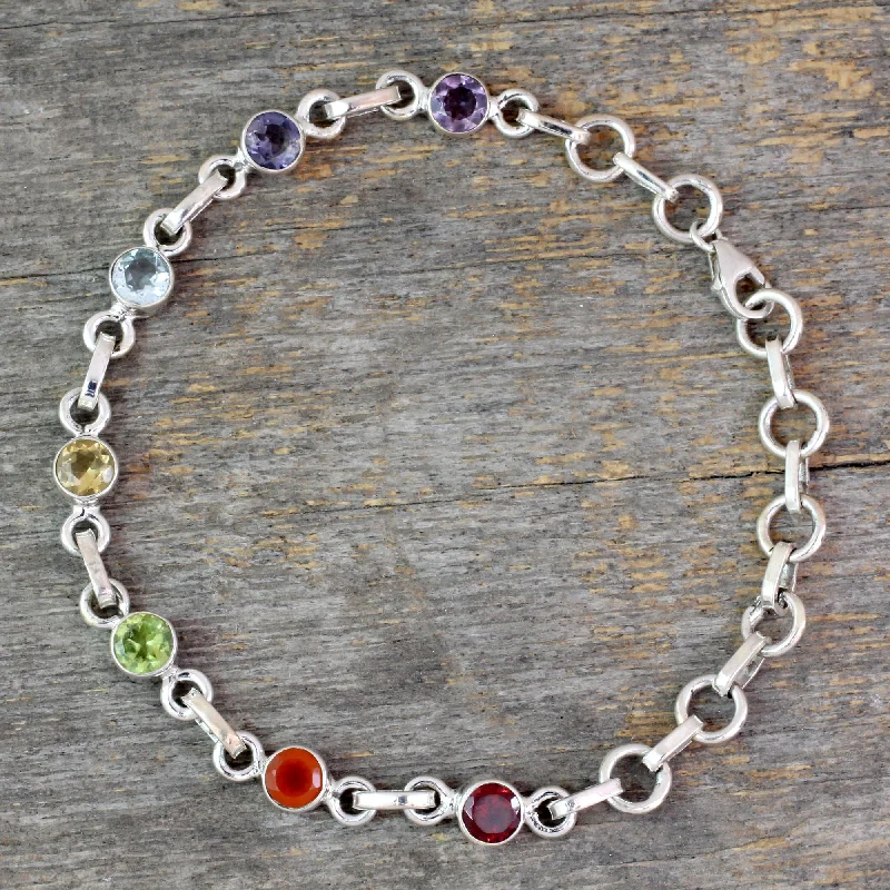 Women’s layered bangles-Inner Space Carnelian Multi-Gem Silver Link Bracelet