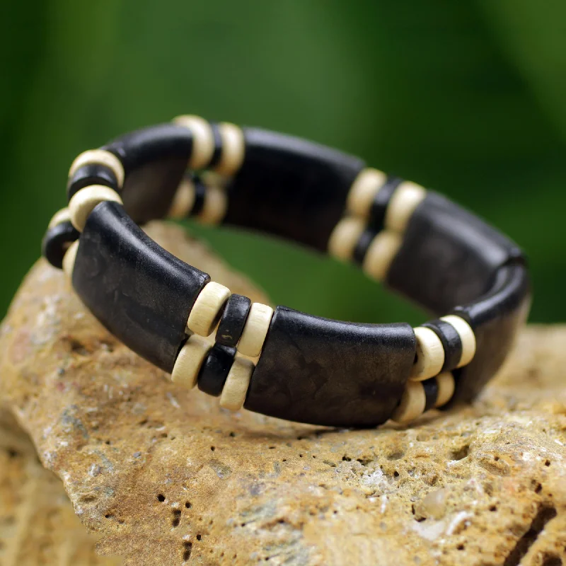 Women’s gold bracelets-Midnight Connection Black and Cream Eco Friendly Recycled Bead and Wood Bracelet