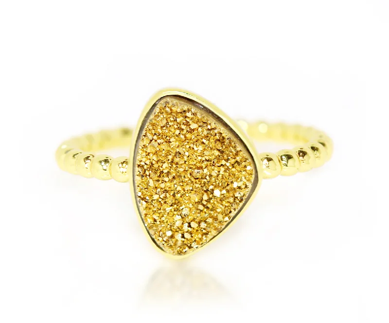 Women’s floral rings-Trillion 18K Gold Druzy Ring