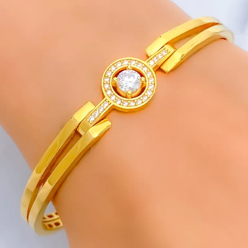 Women’s romantic bangles-Upscale Open Halo 22k Gold CZ Bangle Bracelet