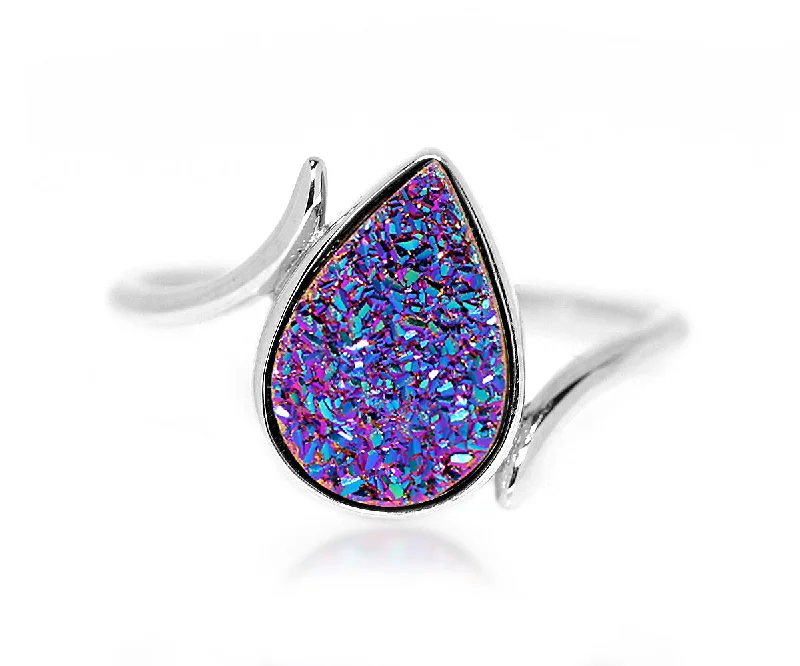 Women’s floral rings-Bypass Teardrop Purple Rainbow Druzy Ring