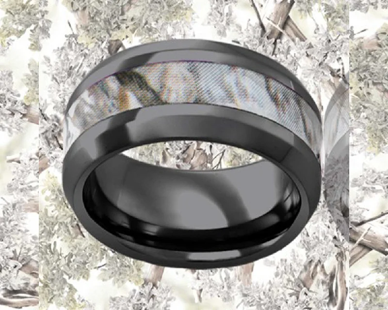 Women’s topaz rings-Beveled Edge Snow Shadow Camo Black Ceramic Ring