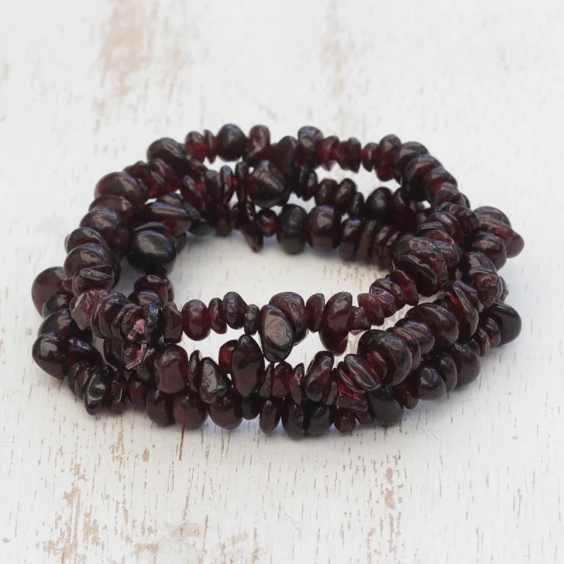 Women’s rose gold bracelets-Garnet Fascination Set of Three Garnet Beaded Stretch Bracelets from Brazil