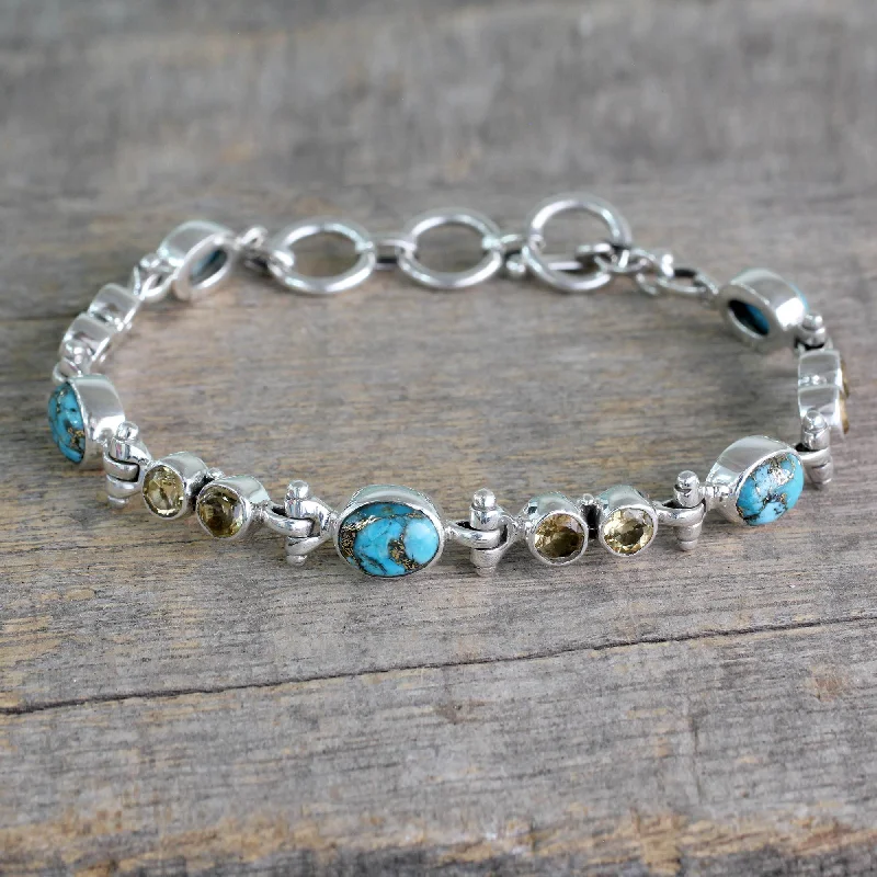 Women’s infinity bangles-Sun and Earth Citrine and Reconstituted Turquoise Silver Link Bracelet