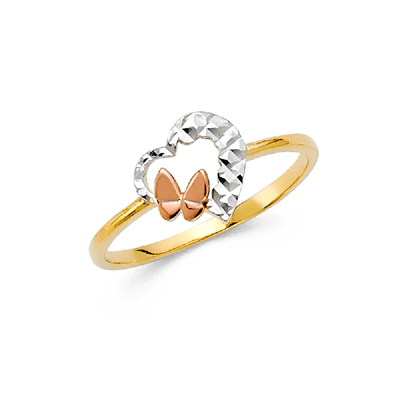 Women’s solitaire rings-14K Solid Gold CZ Simple Heart and Butterfly Ring