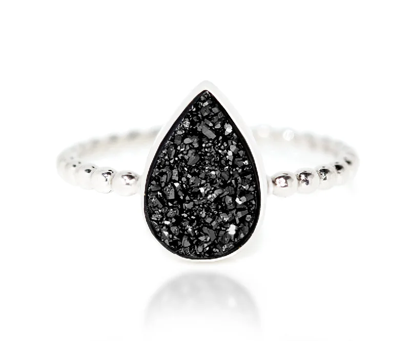 Women’s halo engagement rings-Teardrop Black Druzy Ring