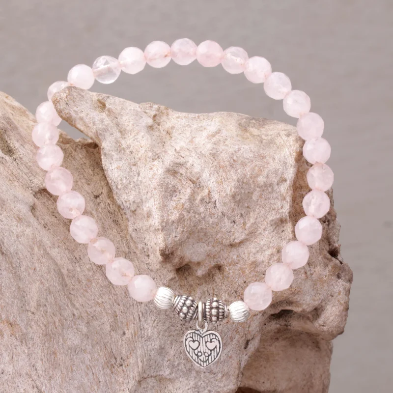 Women’s gemstone bracelets-Sentimental Charm Rose Quartz 925 Silver Heart Charm Bracelet from Bali