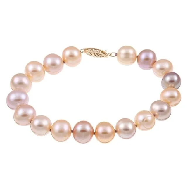 Women’s gold bangles-14k Yellow Gold Multi-colored Pink Freshwater Pearl Bracelet (9-10 mm)