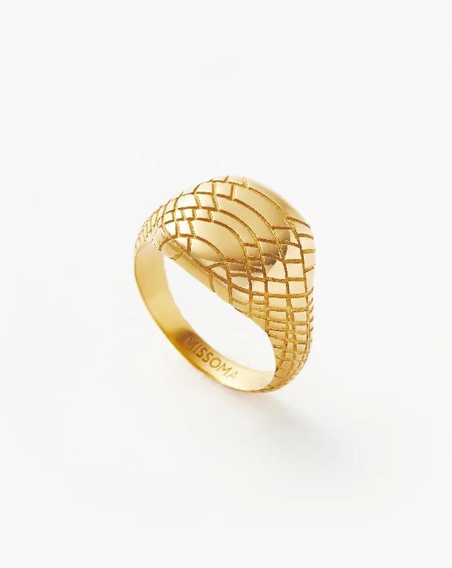 Women’s white gold rings-Serpent Textured Signet Ring | 18ct Gold Plated