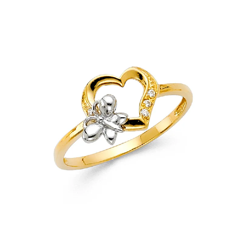 Women’s rose gold rings-14K Solid Gold CZ Heart and Butterfly Fancy Ring