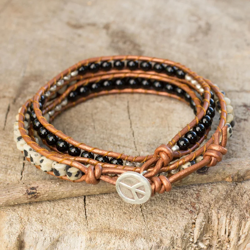 Women’s fashion bangles-Hill Tribe Peace Onyx and Jasper Wrap Bracelet with Hill Tribe Silver