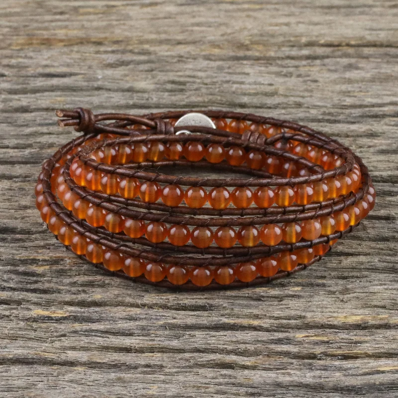 Women’s shiny silver bracelets-Spring Fire Carnelian and Leather Beaded Wrap Bracelet from Thailand