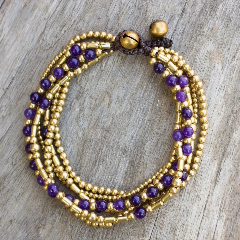 Women’s wrap bangles-Purple Freedom Purple Quartz and Brass Beaded Hand Crafted Bracelet