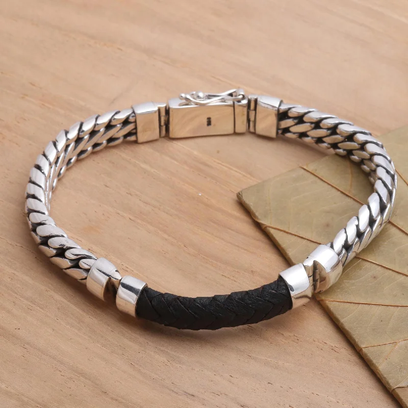 Women’s silver bangles-Bridge in Black Polished Sterling Silver and Leather Men's Bracelet