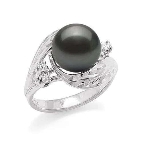 Women’s engagement rings with birthstones-Maile Tahitian Black Pearl Ring in White Gold with Diamonds - 9-10mm