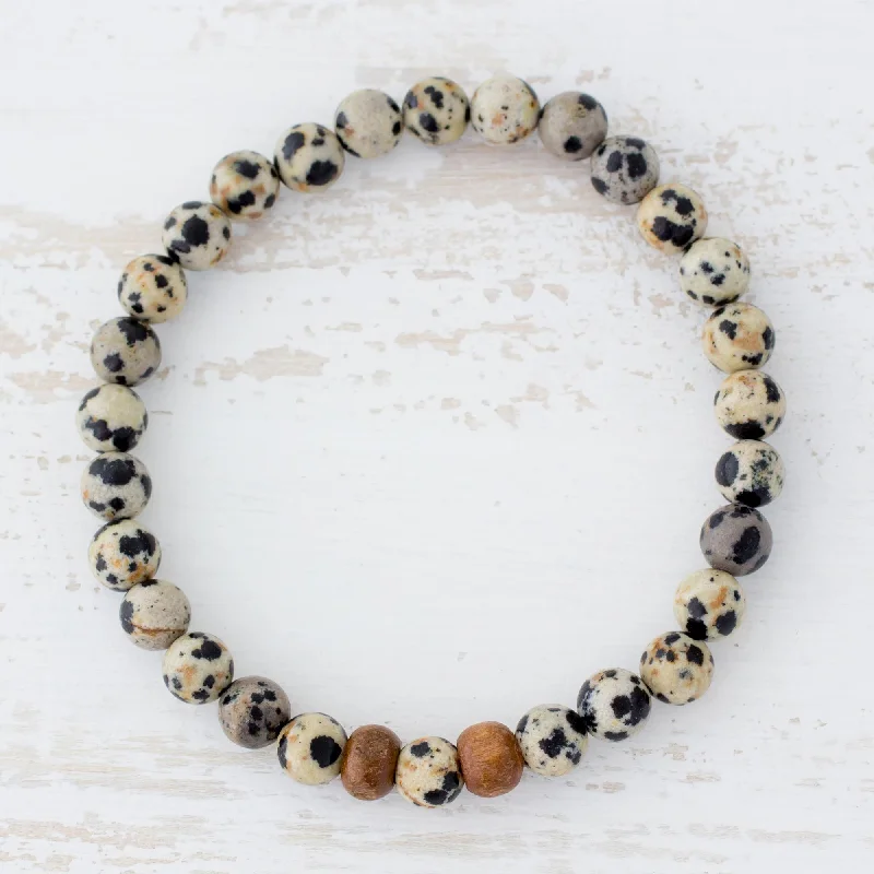 Women’s rose gold bracelets-Natural Polka Dots Dalmatian Jasper Beaded Stretch Bracelet from Guatemala