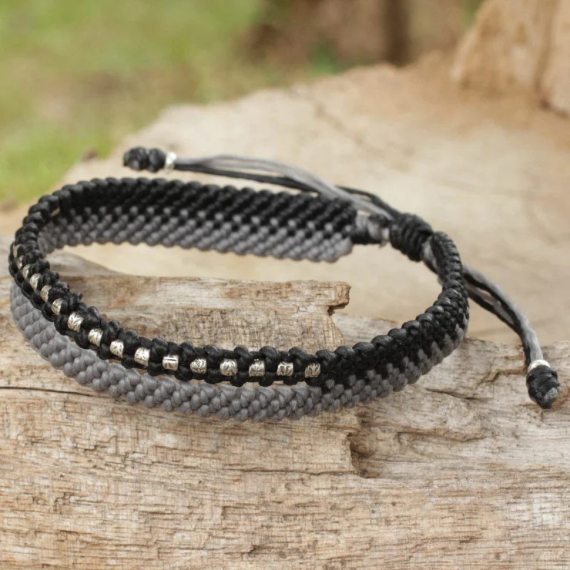 Women’s simple silver bracelets-Amity in Black and Gray Artisan Crafted Black and Gray Cord Bracelet with Silver