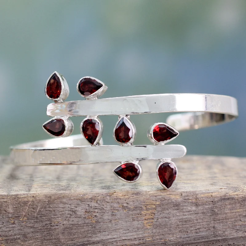 Women’s diamond bracelets-Red Forest Fern Garnet & Silver Cuff Bracelet