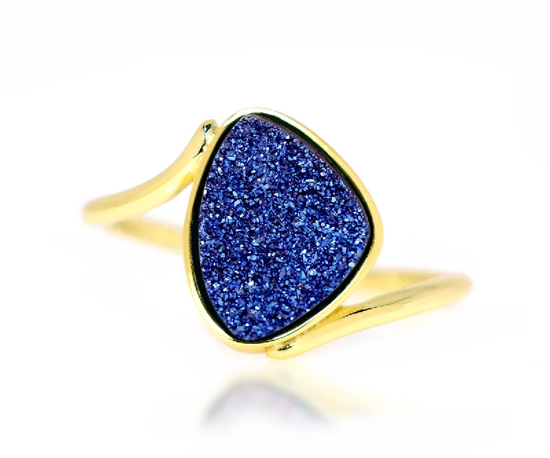 Women’s boho rings-Bypass Trillion Blue Druzy 14K Gold Ring