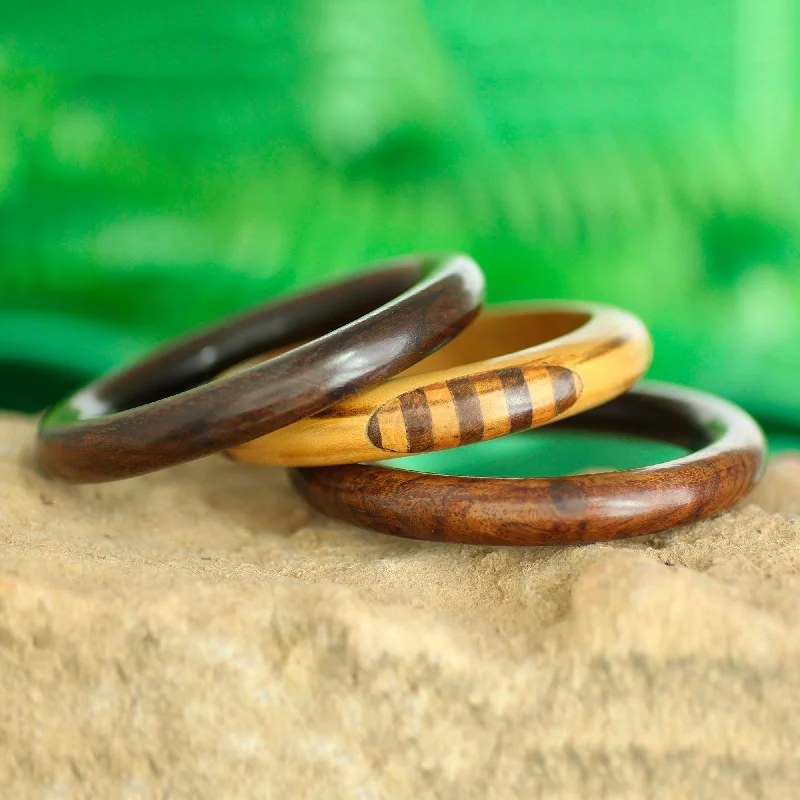 Women’s bohemian bangles-Chic Combination Handmade Mango Wood Bangle Bracelets from India (Set of 3)