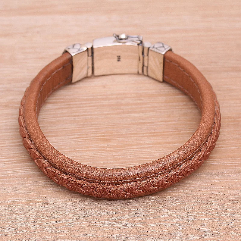 Women’s artistic bangles-Kuat in Soft Brown Indonesian Leather and Sterling Silver Wristband Bracelet