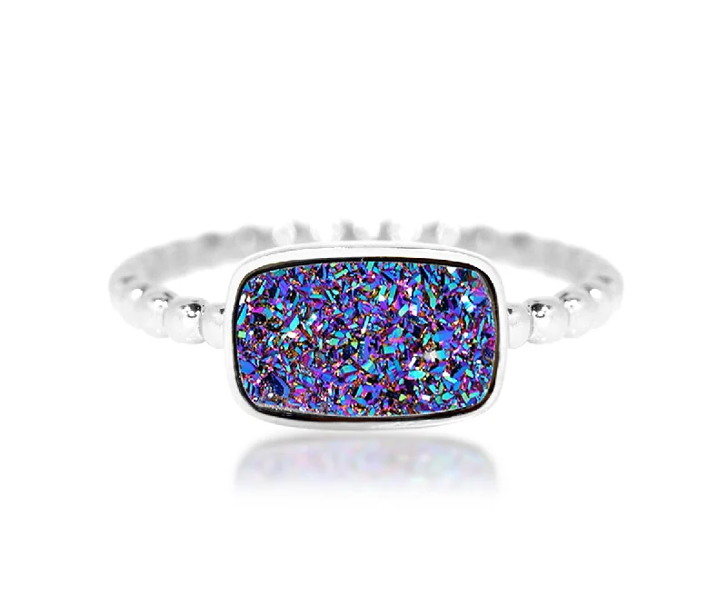 Women’s engagement rings-Horizontal Rectangle Purple Rainbow Druzy Ring