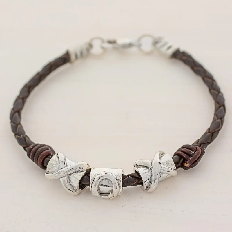 Women’s adjustable leather bracelets-Silver Love in Brown 999 Silver Brown Pendant Wristband Bracelet from Guatemala