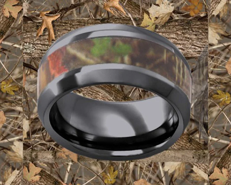 Women’s white gold rings-Beveled Edge Timber Leaf Camo Black Ceramic Ring