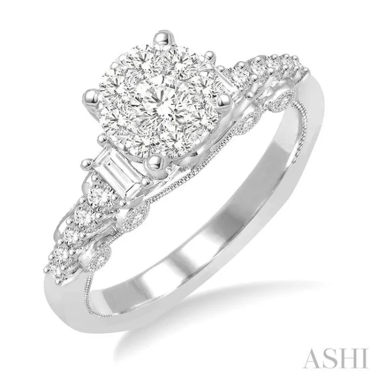 Women’s diamond band engagement rings-3/4 Ctw Round and Baguette Diamond Lovebright Engagement Ring in 14K White Gold