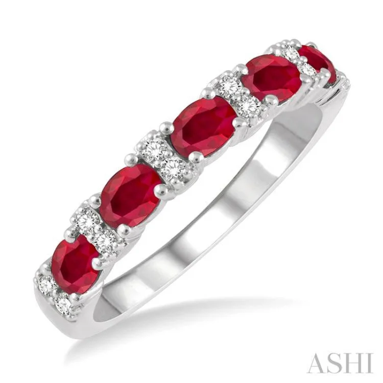 Women’s heirloom engagement rings-1/6 Ctw Oval Shape 4x3MM Ruby and Round Cut Diamond Precious Band in 14K White Gold