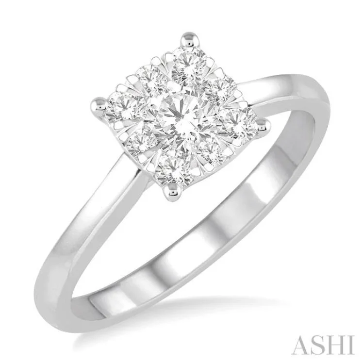 Women’s antique engagement rings-1/2 Ctw Round Cut Diamond Square Shape Lovebright Ring in 14K White Gold