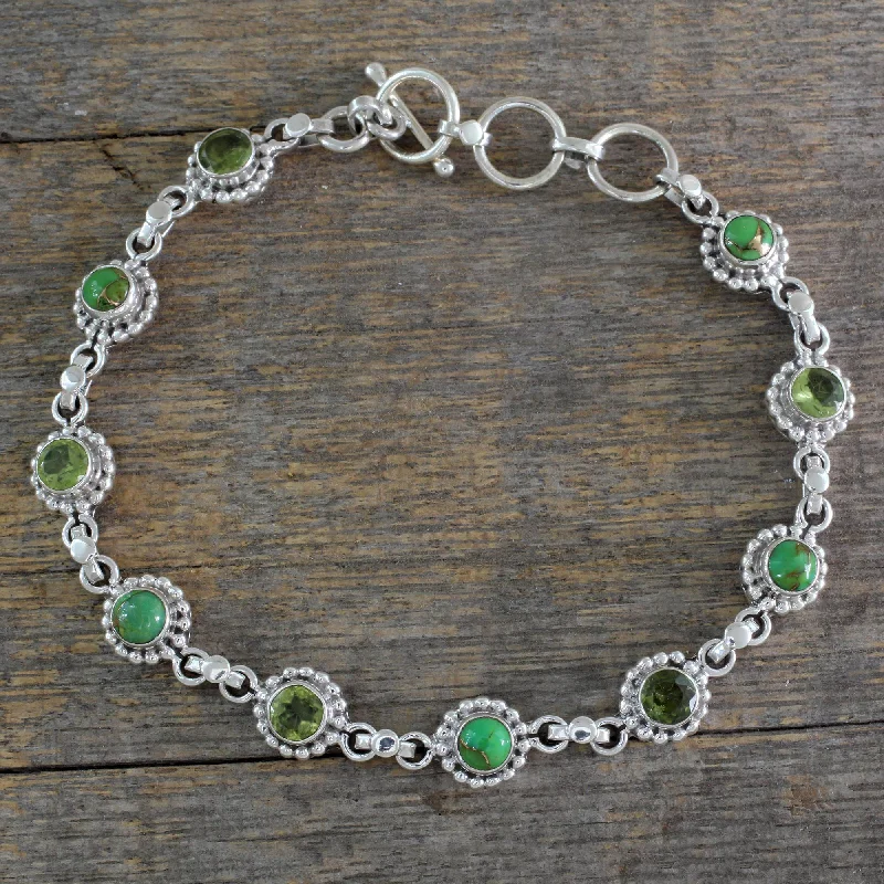 Women’s adjustable bangles-Petite Flowers Sterling Silver Peridot and Composite Turquoise Bracelet