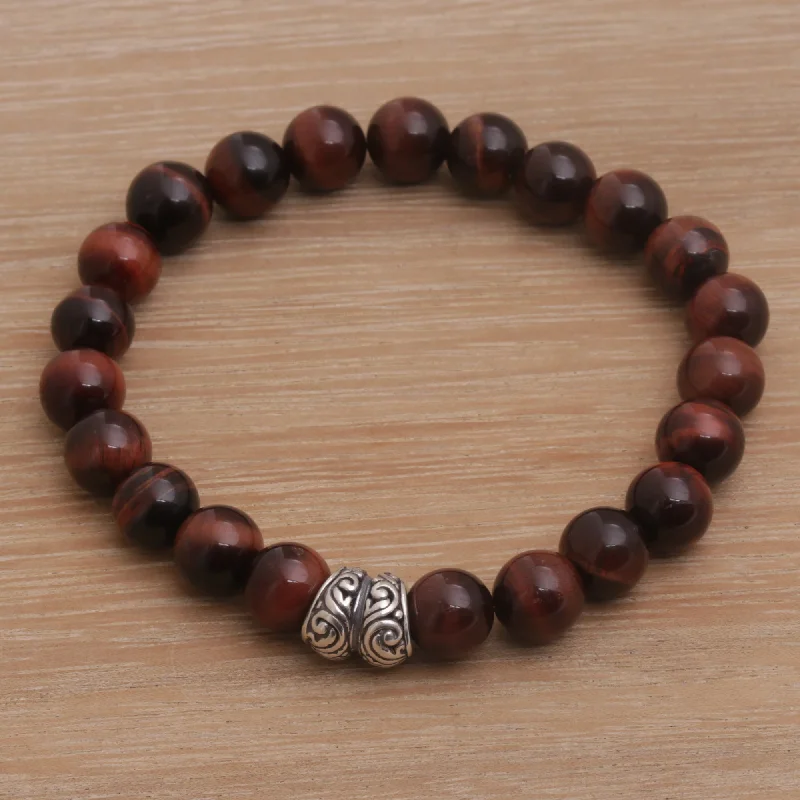 Women’s silver bracelets-Full Circle in Maroon Tiger's Eye and Sterling Silver Beaded Stretch Bracelet