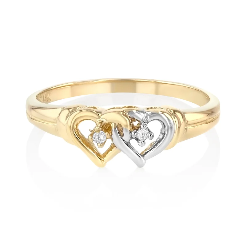 Women’s birthstone rings for mothers-14K Solid Gold Double Heart CZ Ring