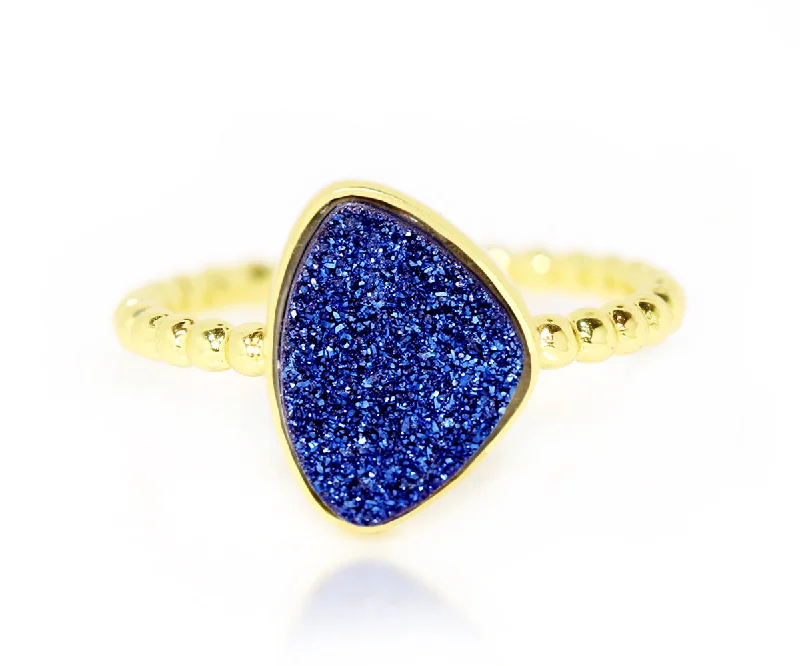 Women’s men’s style rings-Trillion Blue Druzy 14k Gold Vermeil Ring